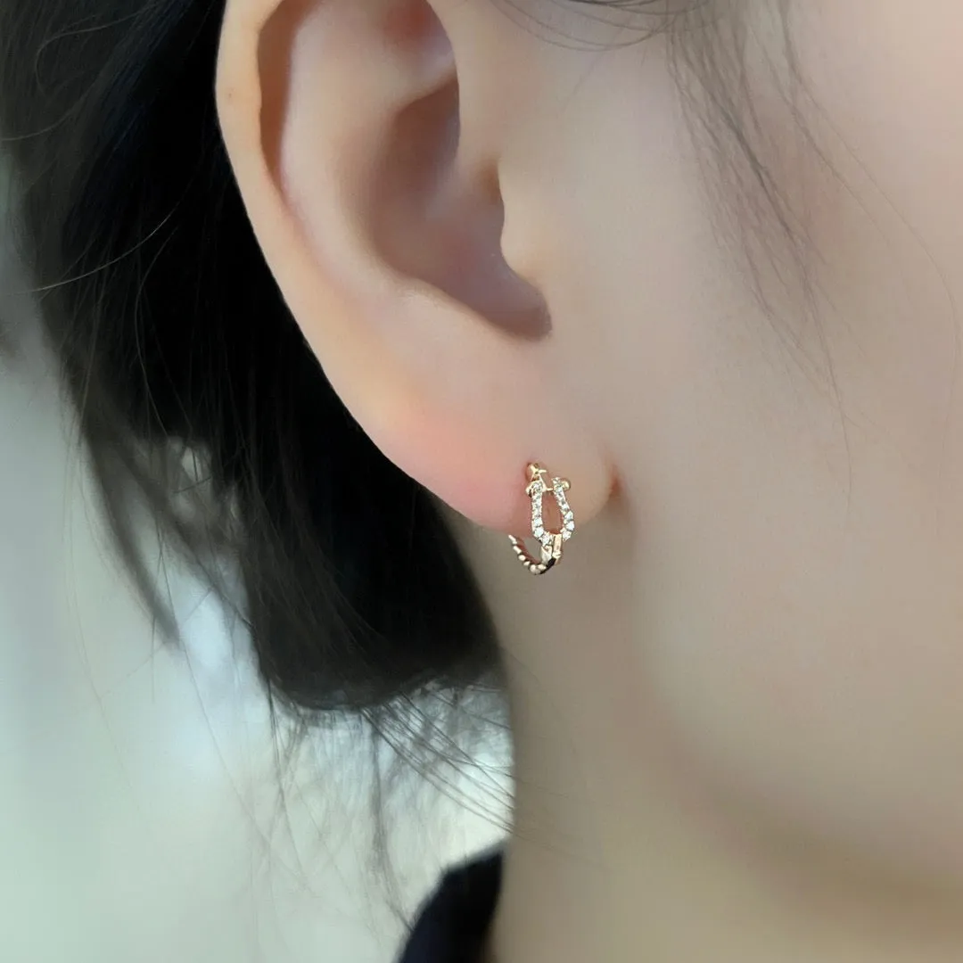 Vintage 18K Solid Gold Diamond Horseshoe Hoop Earrings