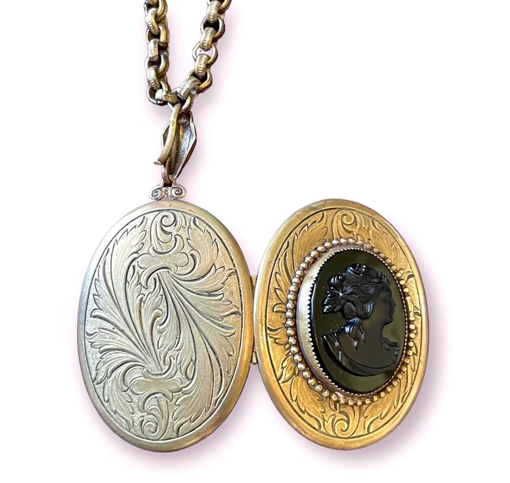Vintage Brass Engraved Black Glass Mourning Cameo Locket