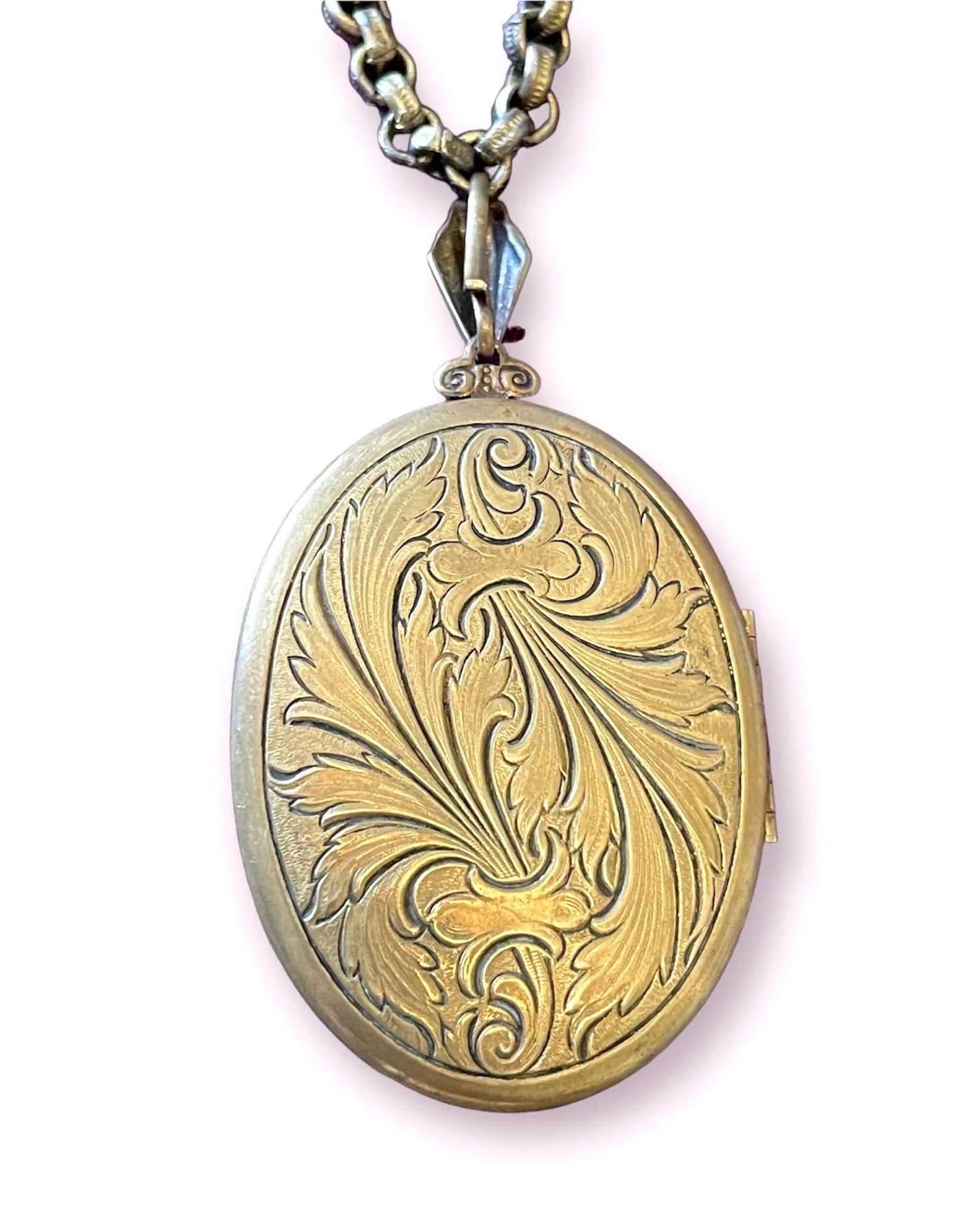Vintage Brass Engraved Black Glass Mourning Cameo Locket