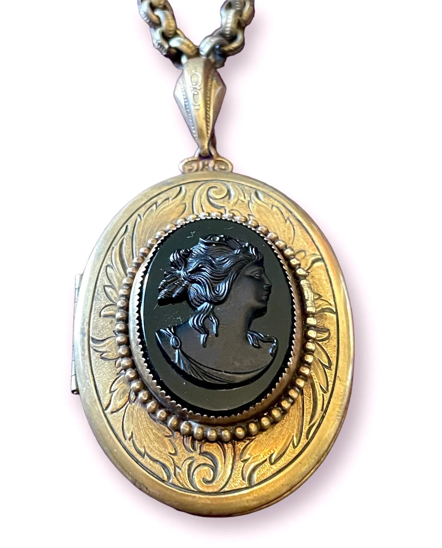 Vintage Brass Engraved Black Glass Mourning Cameo Locket