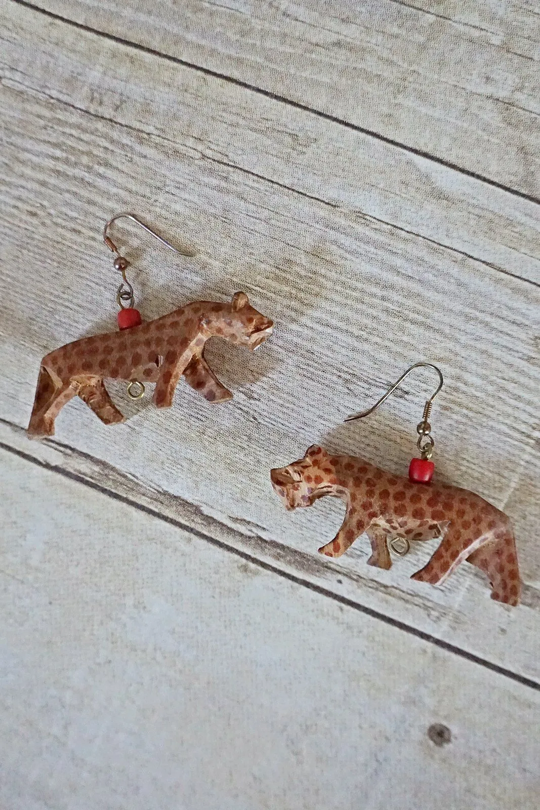 Vintage Carved Wood Cheetah Earrings