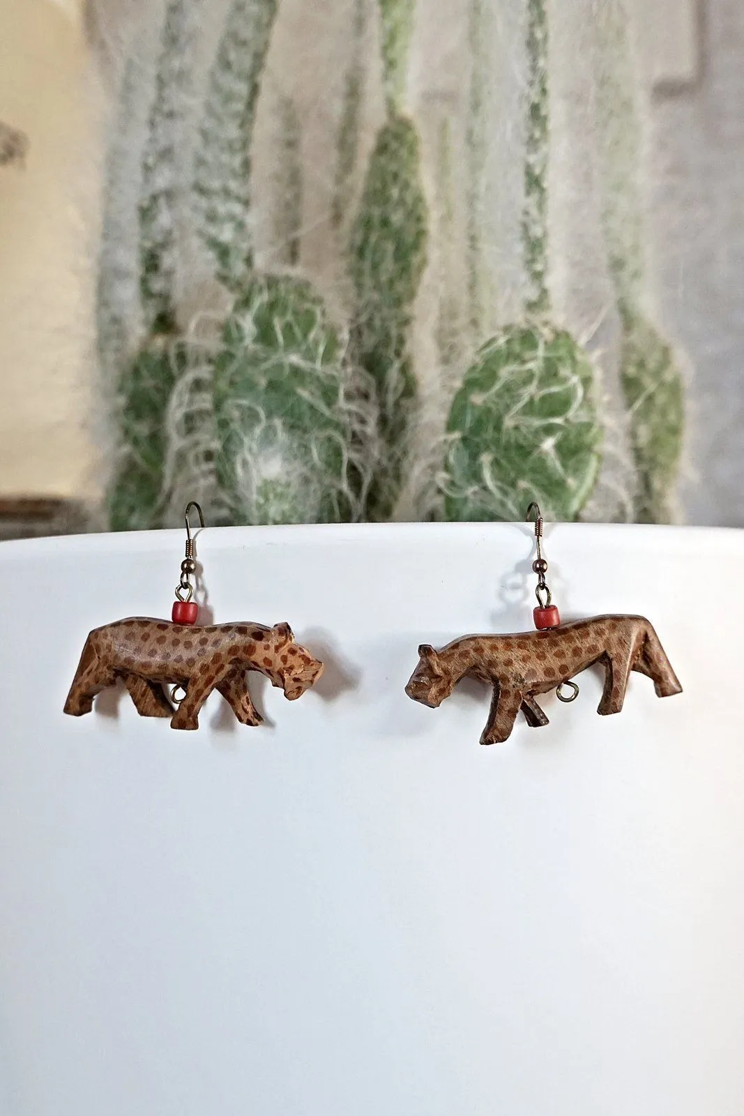 Vintage Carved Wood Cheetah Earrings