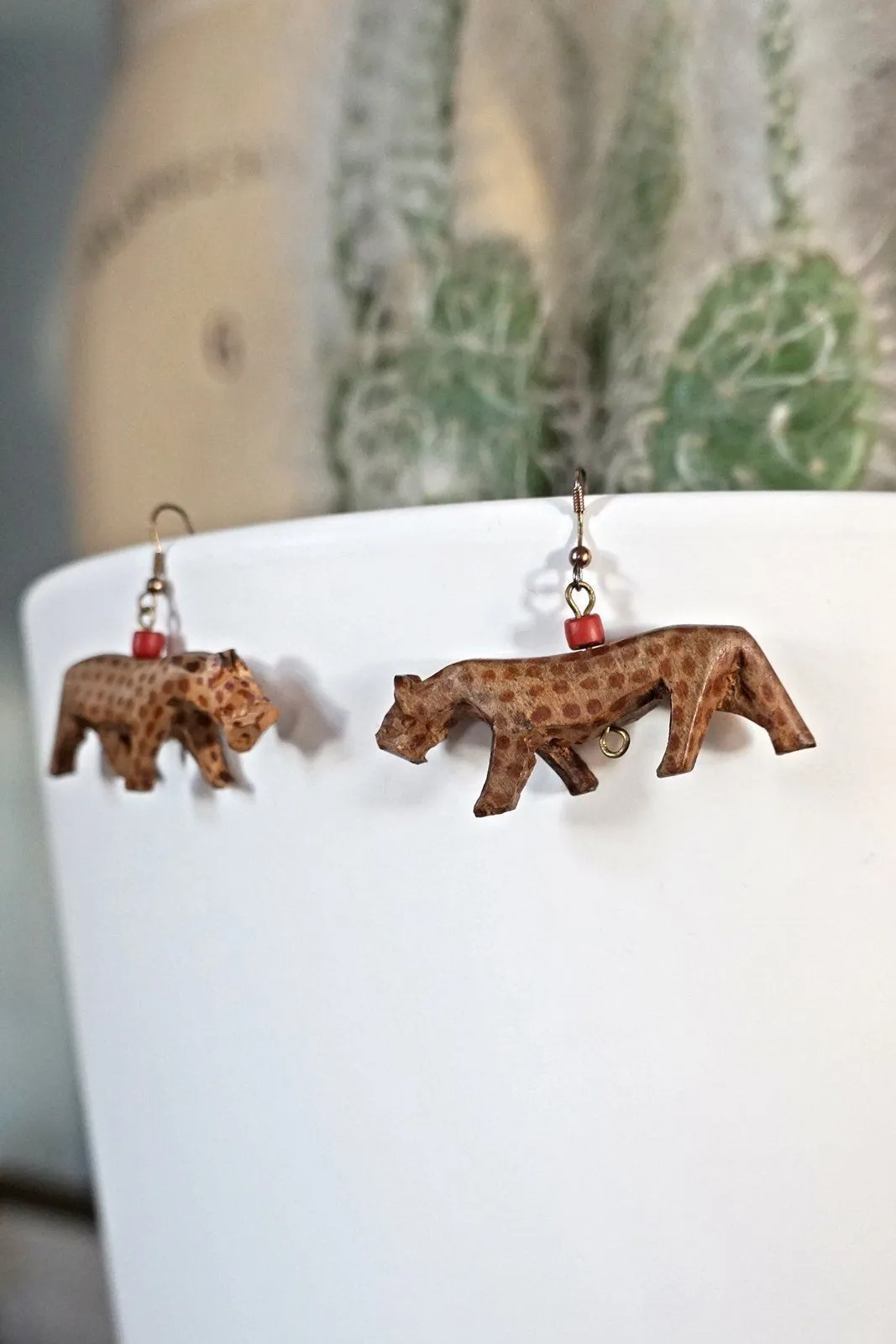 Vintage Carved Wood Cheetah Earrings