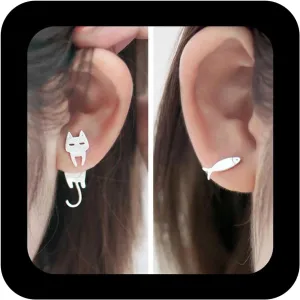 Vintage Cat ear jacket earrings Silver Cat Stud Earrings Cat Fish Earrings Minimalist Tiny Fish Clip Earrings Asymmetrical Animal Cat Earrings Jewelry for Women