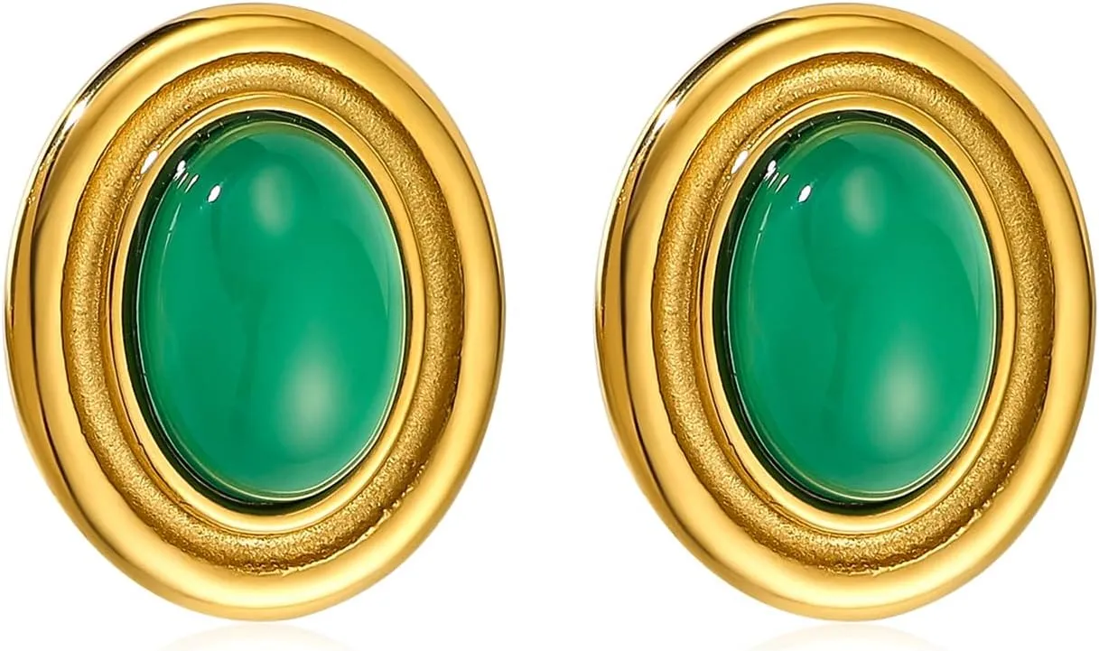 Vintage Chunky Earrings for Women Red and Gold Statement Earrings 18K Gold Oval Stud Non Tarnish Stainless Steel