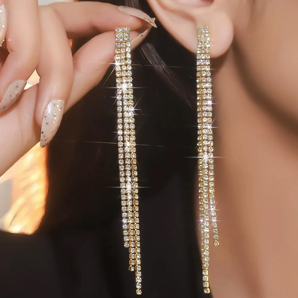 Vintage Crystal Chandeliers Earrings for Women Long Silver Tennis Chain Dangle Earrings Glitter Wedding Statement Drop Earrings Jewelry Accessories