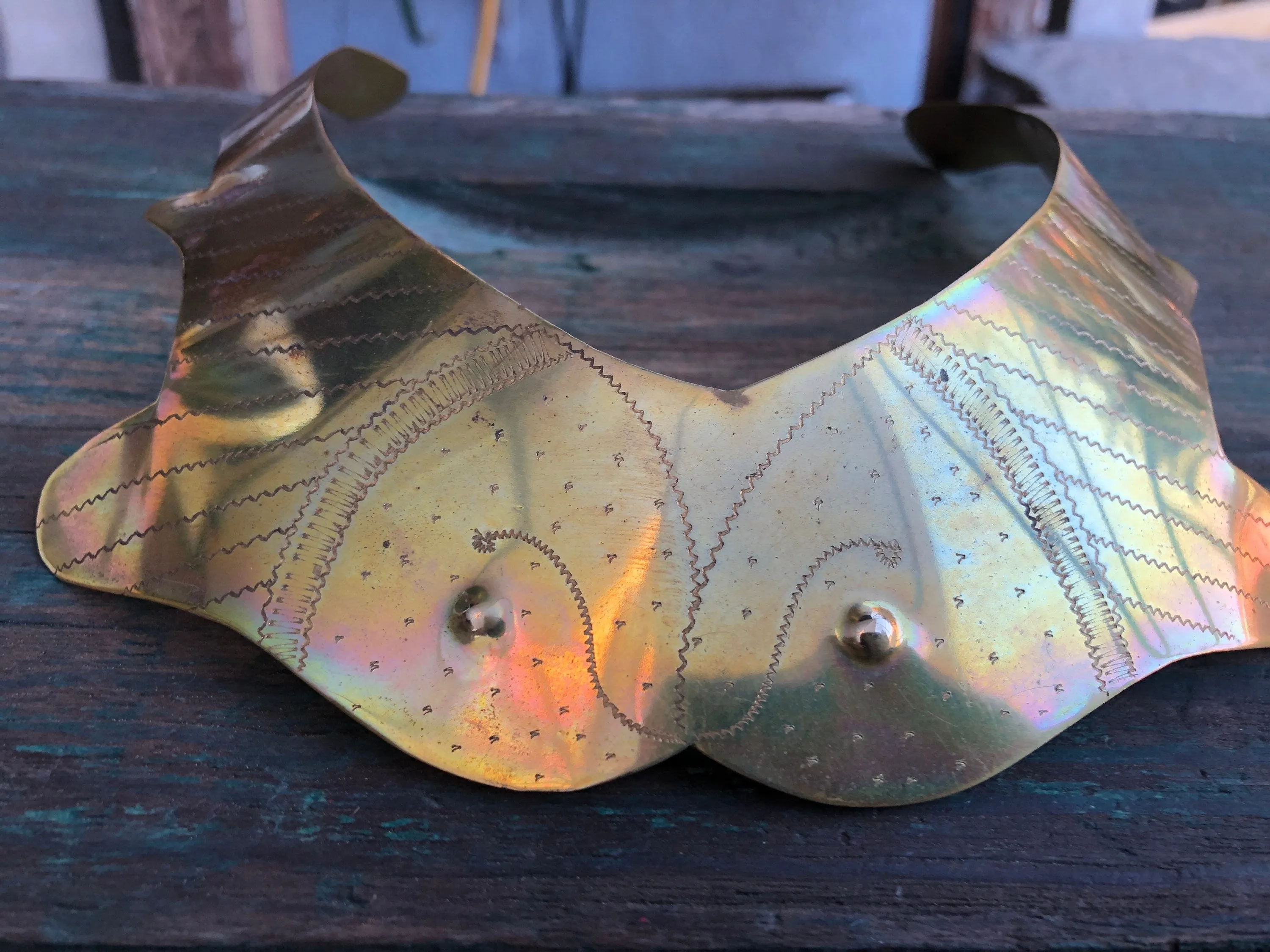 Vintage Engraved Brass Double Fish Bib Collar Necklace
