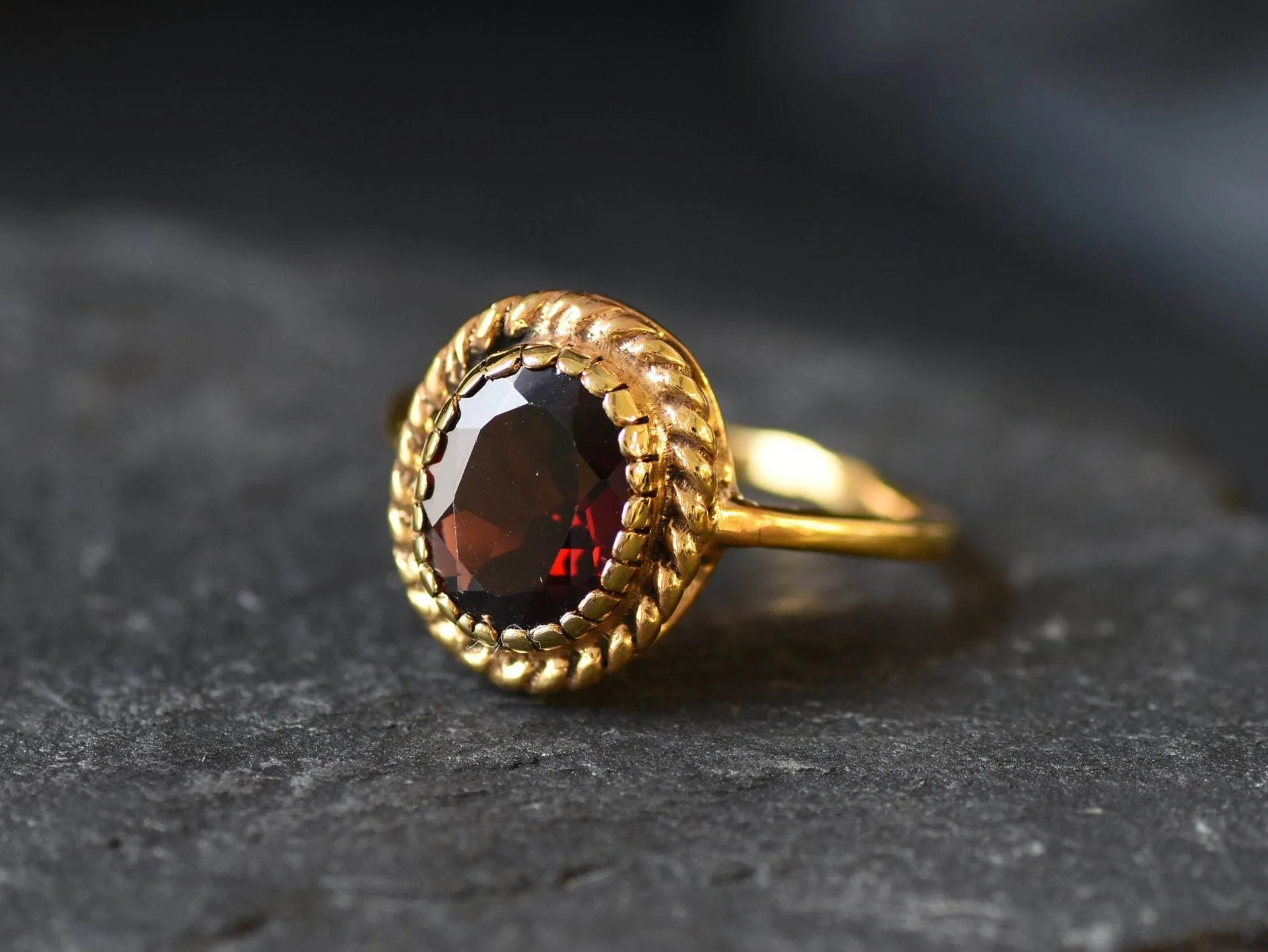 Vintage Garnet Ring - Gold Garnet Ring - Red Solitaire Ring