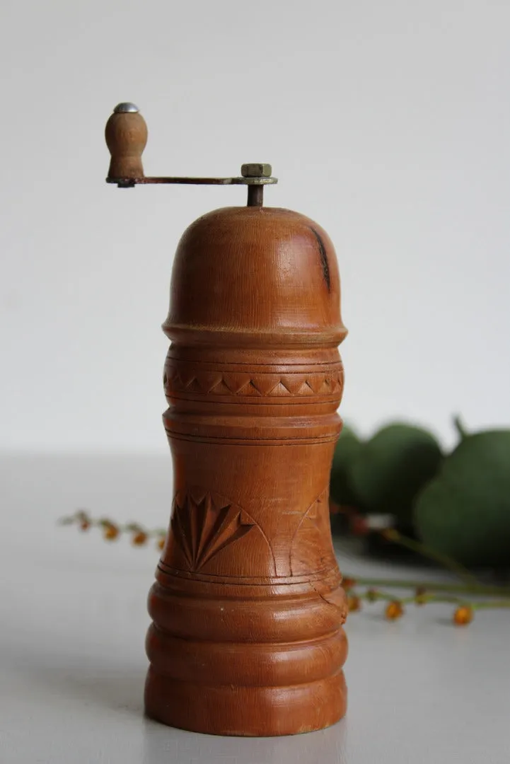 Vintage Hard Carved Wooden Pepper Mill