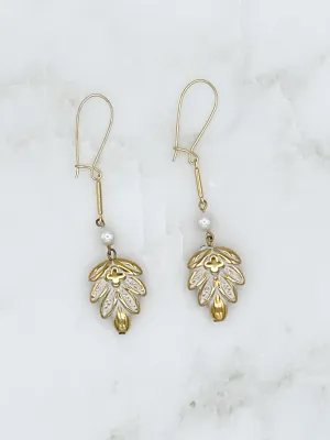 Vintage Long Dangle Earrings with Botanical Leaf Charm and Pearl