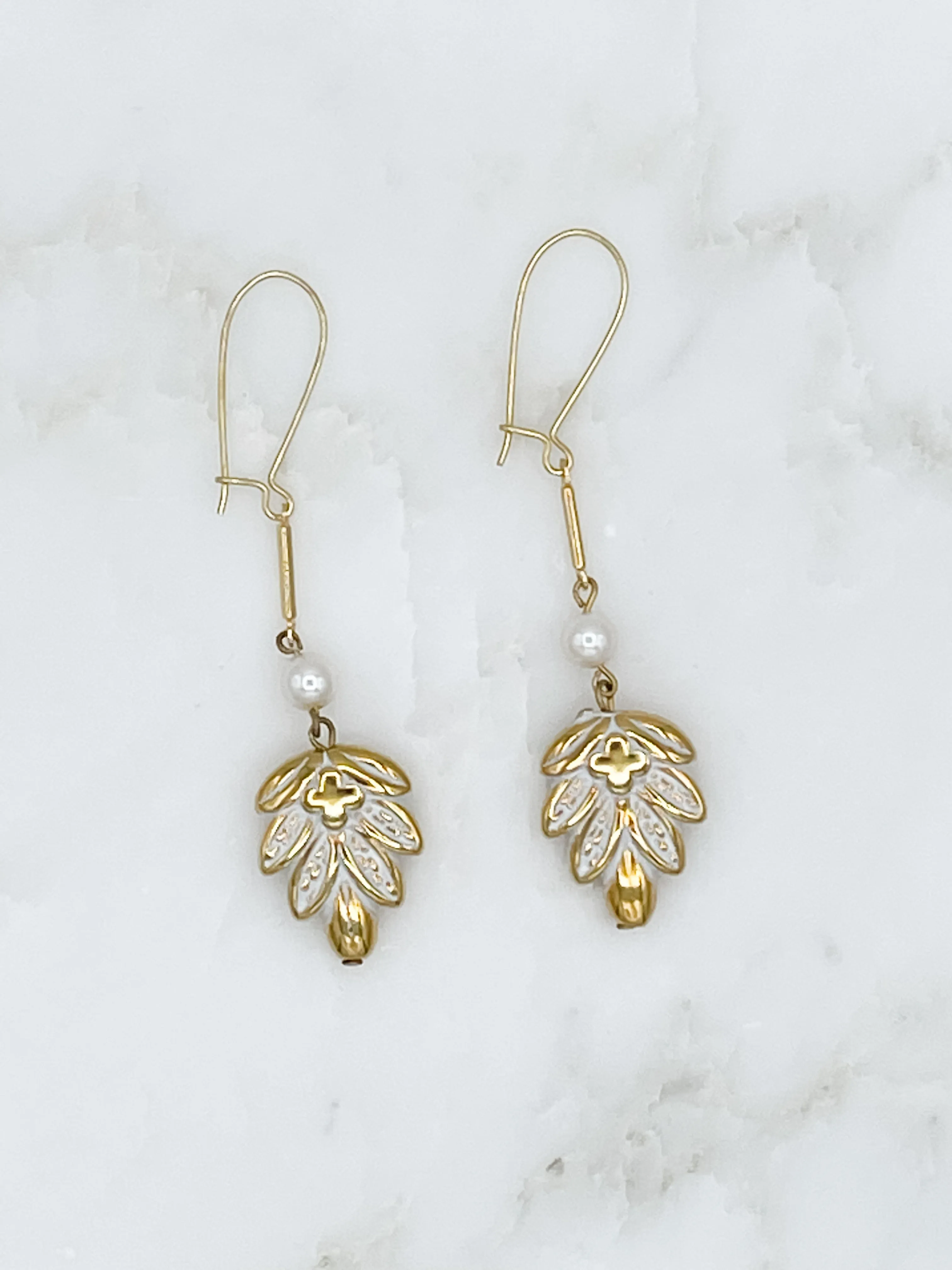 Vintage Long Dangle Earrings with Botanical Leaf Charm and Pearl