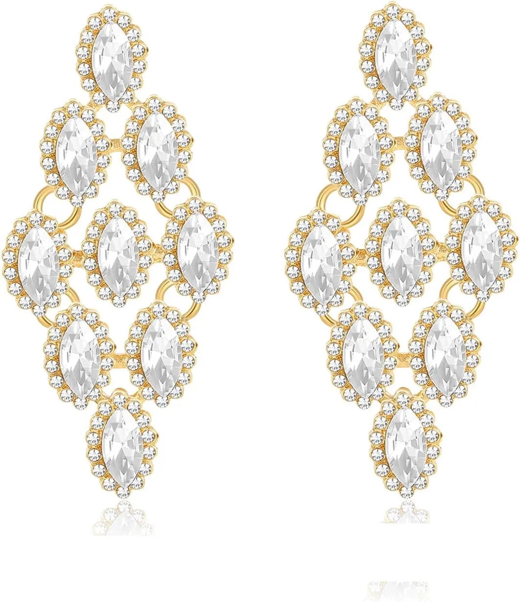 Vintage Rhinestone Statement Earrings Retro Fancy Crystal Drop Dangle Earrings Big Geometry Costume Jewelry for Bridesmaid Wedding Party Prom