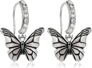 Vintage Silver Dangle Butterfly Earrings for Women Punk Butterfly Cubic Zirconia Huggie Hoop Earrings Drop Intersect Fairy Butterfly Earrings Spring Summer Jewelry Gift for Girls