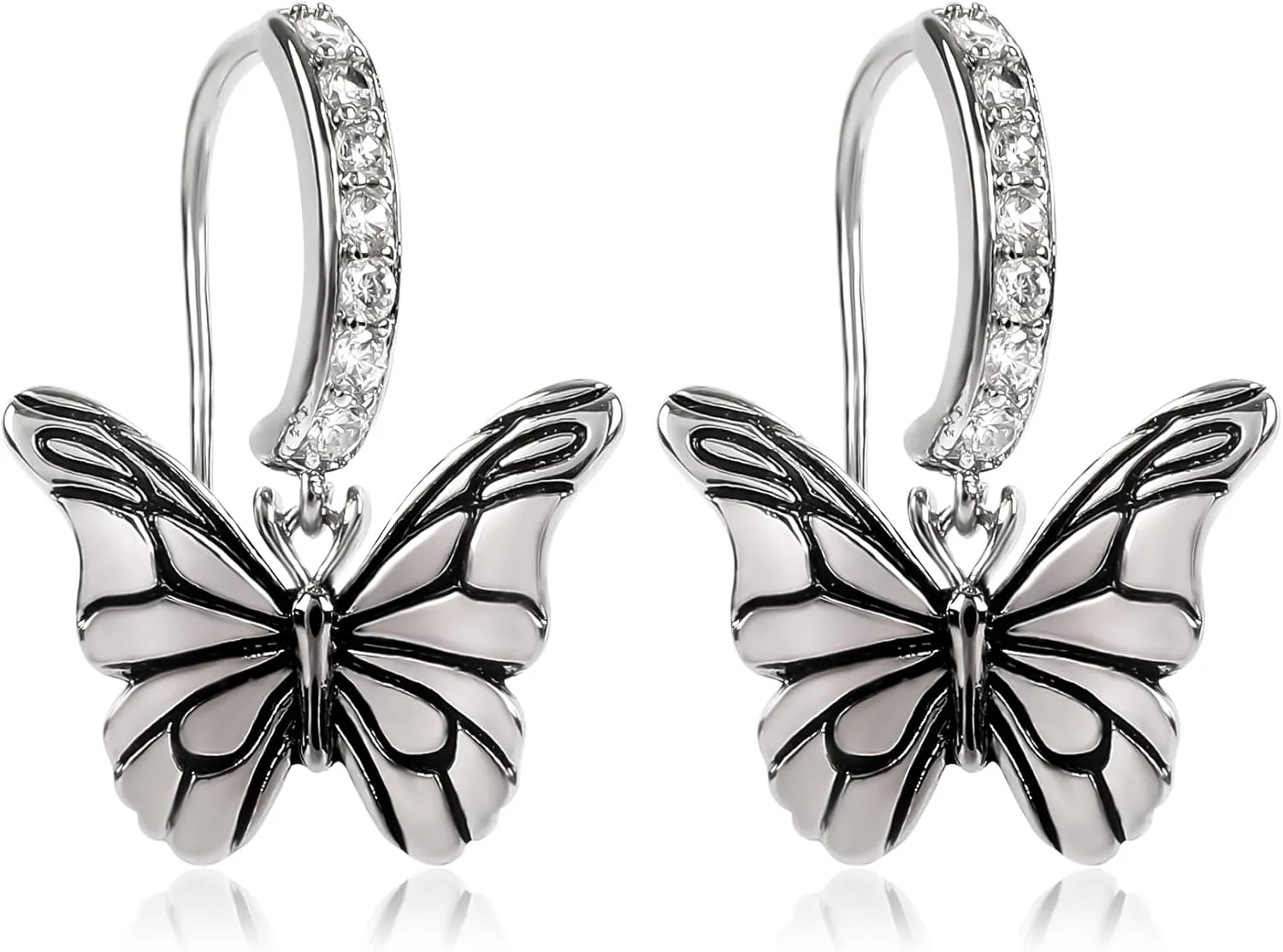 Vintage Silver Dangle Butterfly Earrings for Women Punk Butterfly Cubic Zirconia Huggie Hoop Earrings Drop Intersect Fairy Butterfly Earrings Spring Summer Jewelry Gift for Girls