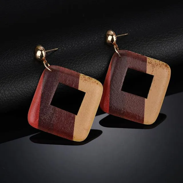 Water Drop And Geometric Wood Long Earrings