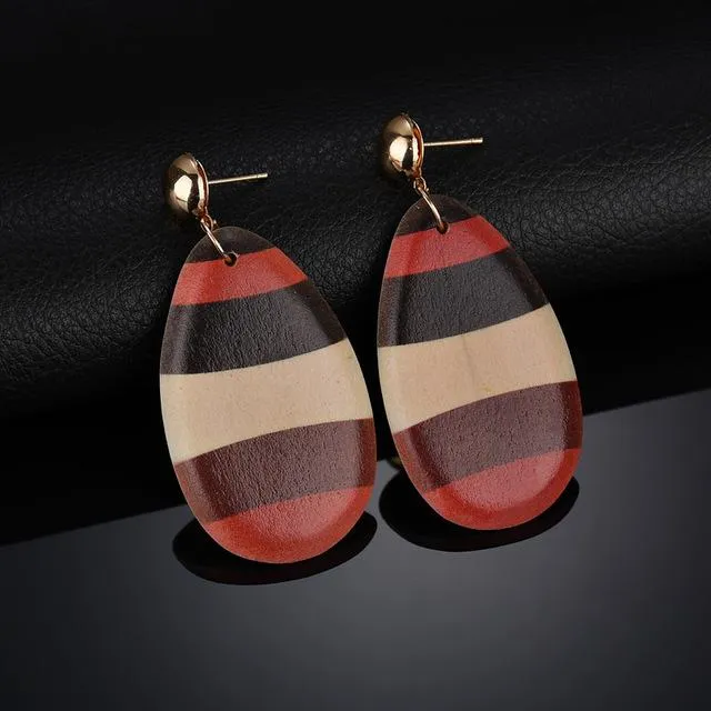 Water Drop And Geometric Wood Long Earrings