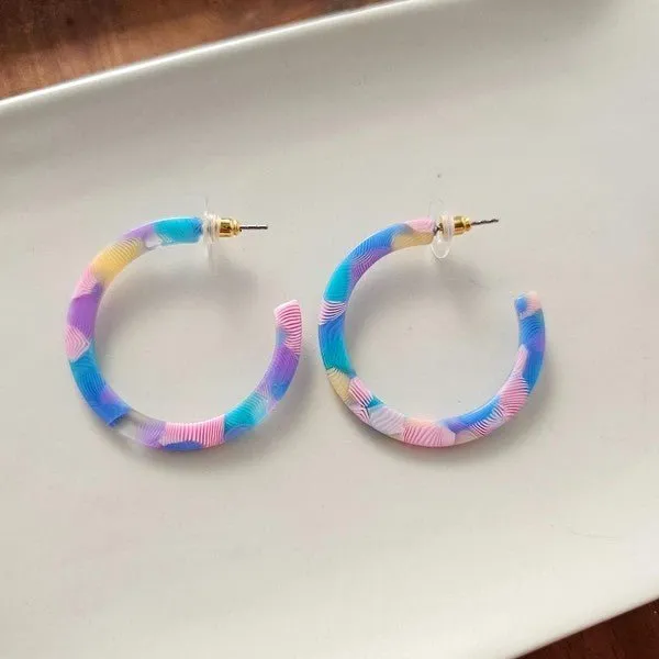 Watercolor Medium Size Colorful Hoop Earrings