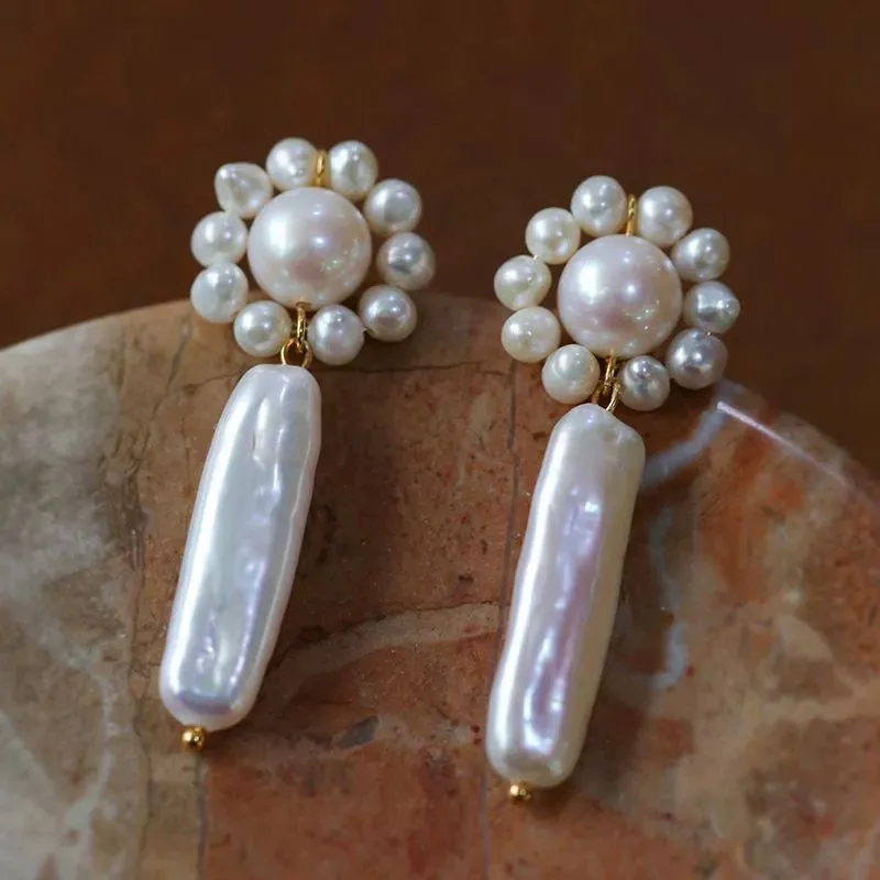 Weaving Flower Natural Baroque Pearl Drop Earrings