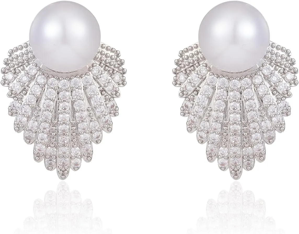 Wedding Pearl Earrings for Women Brides Silver Pearl Cluster Drop Stud Earrings Rhinestone Prom Bridal Earring Sparkly Cubic Zirconia Wedding Jewelry Bridesmaid Gifts