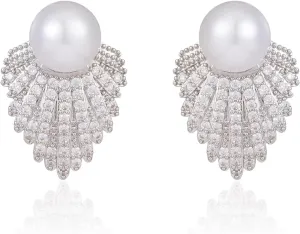 Wedding Pearl Earrings for Women Brides Silver Pearl Cluster Drop Stud Earrings Rhinestone Prom Bridal Earring Sparkly Cubic Zirconia Wedding Jewelry Bridesmaid Gifts