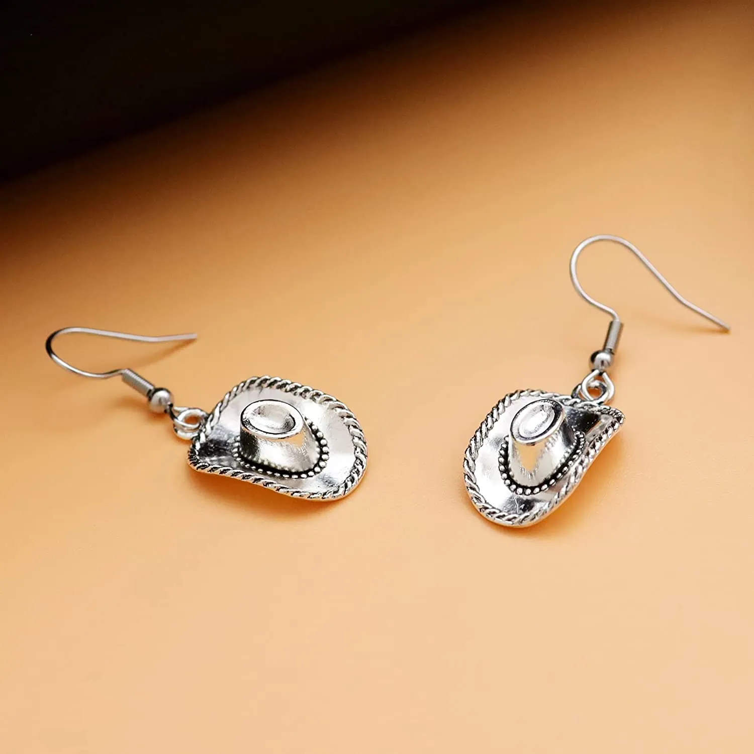 Western Vintage Silver Dangle Drop Cowboy Hat Earrings