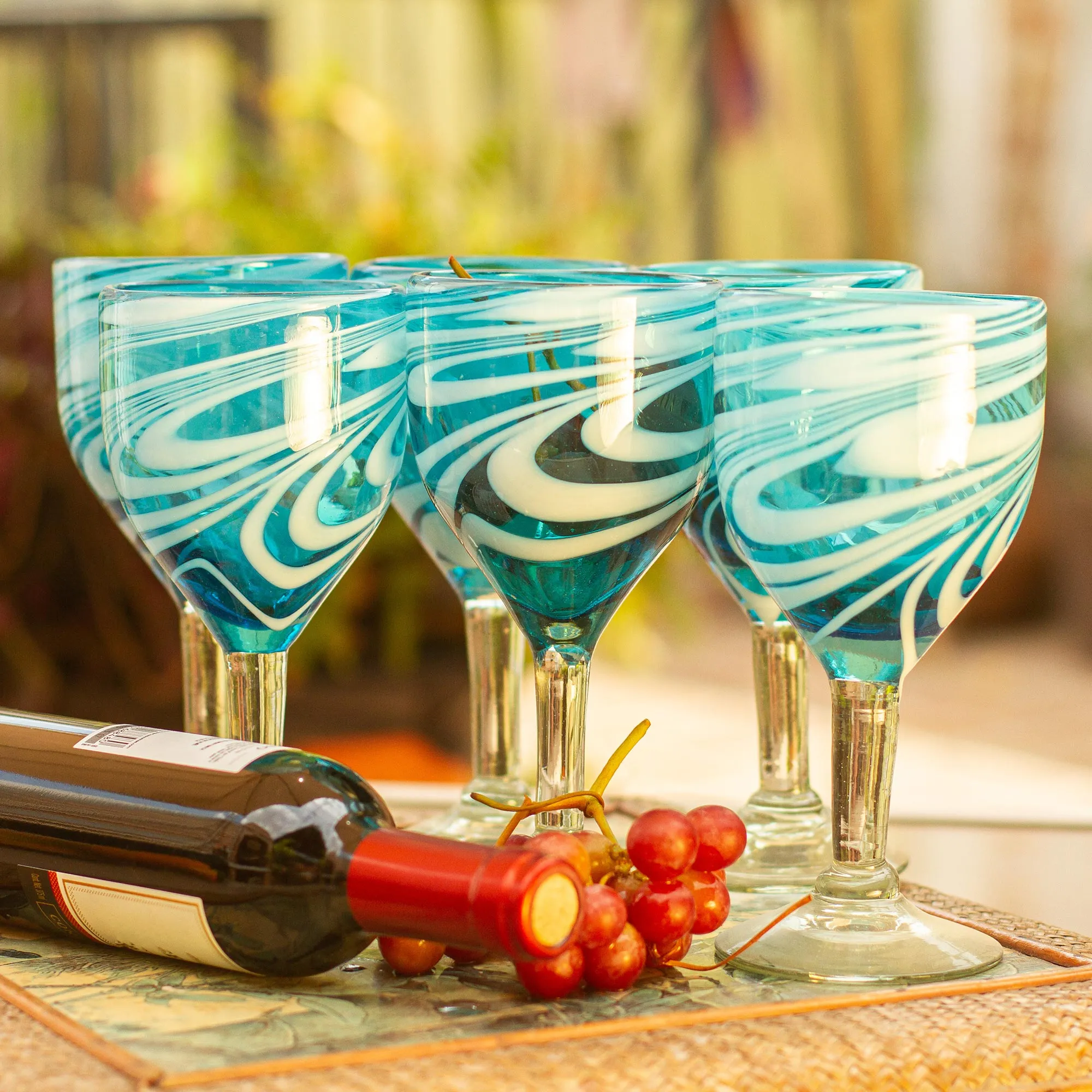Whirling Aquamarine 6 Hand Blown Wine Glasses in Aqua and White from Mexico
