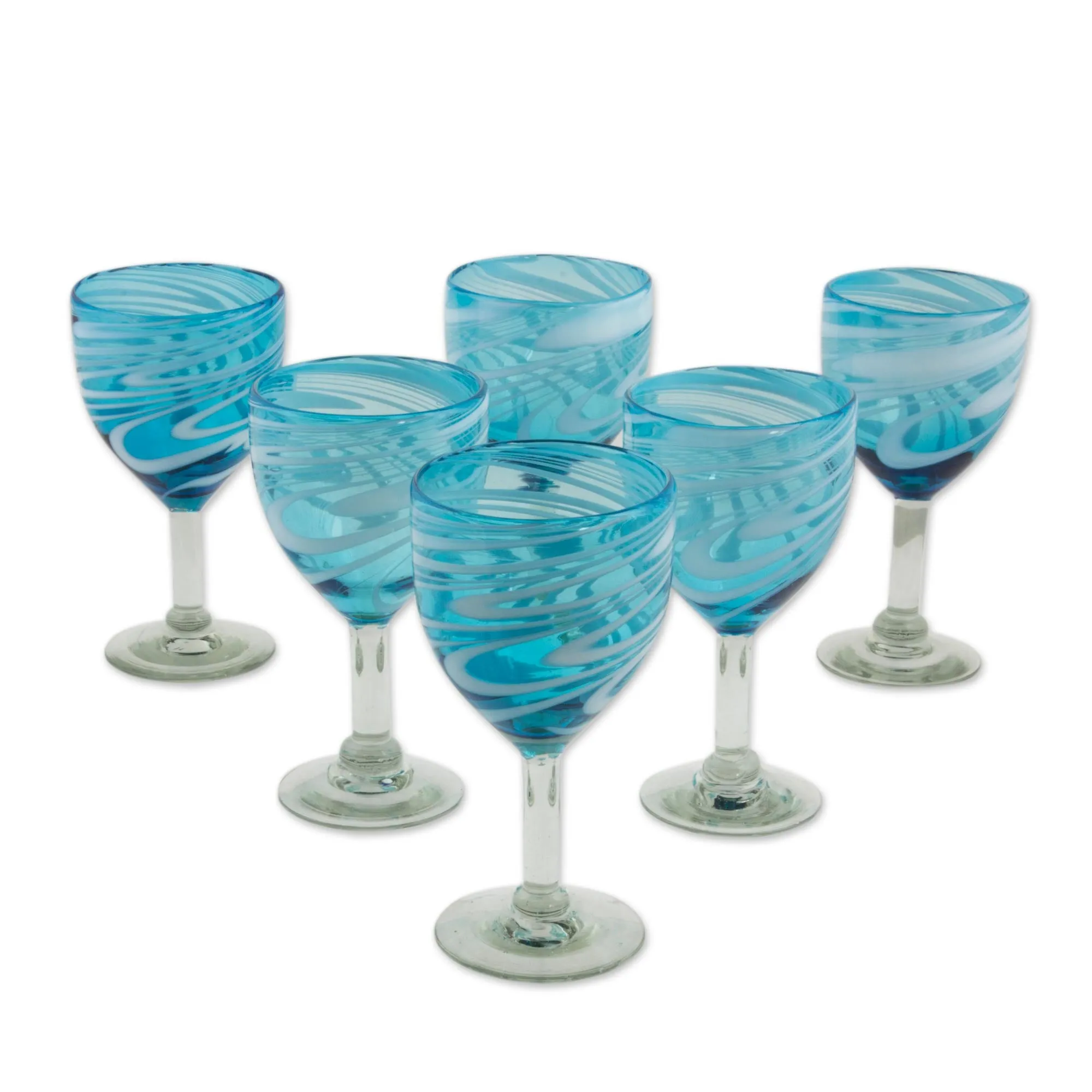 Whirling Aquamarine 6 Hand Blown Wine Glasses in Aqua and White from Mexico