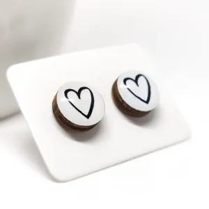 White & Black Hand Drawn Heart Stud Earrings by Candi Cove Designs