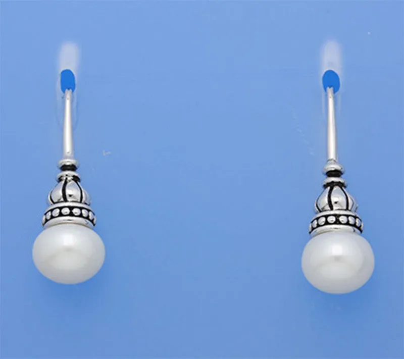 White and Black Plated Silver Earrings with 10-10.5mm Button Shape Freshwater Pearl