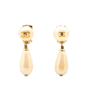 White Chanel Gold Plated Faux Pearl CC Swing Clip On Earrings