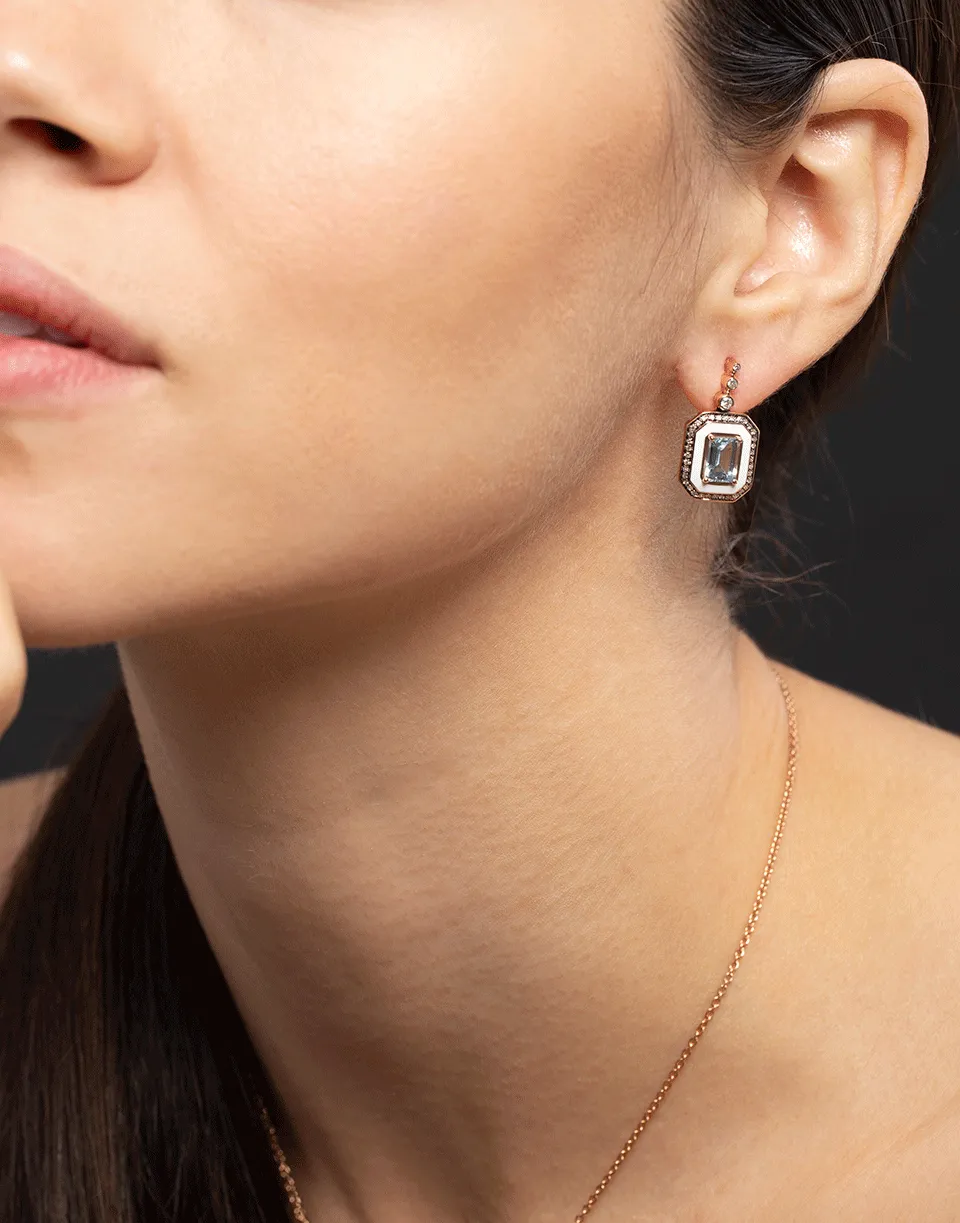 White Enamel Aquamarine and Diamond Drop Earrings