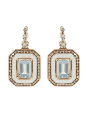 White Enamel Aquamarine and Diamond Drop Earrings