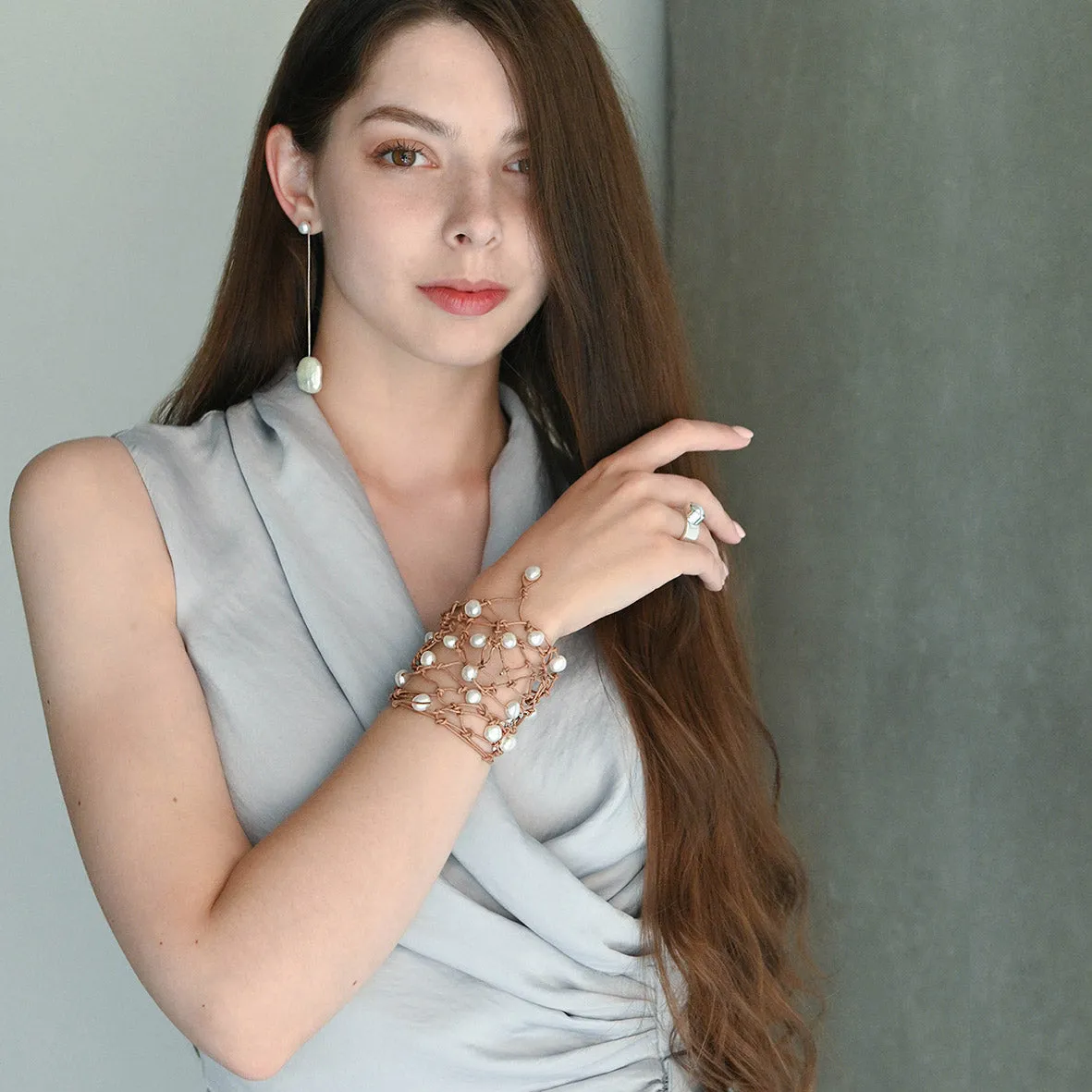White Freshwater Pearl Tan Leather 'Warrior' Armband