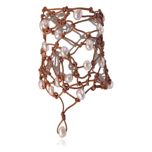 White Freshwater Pearl Tan Leather 'Warrior' Armband