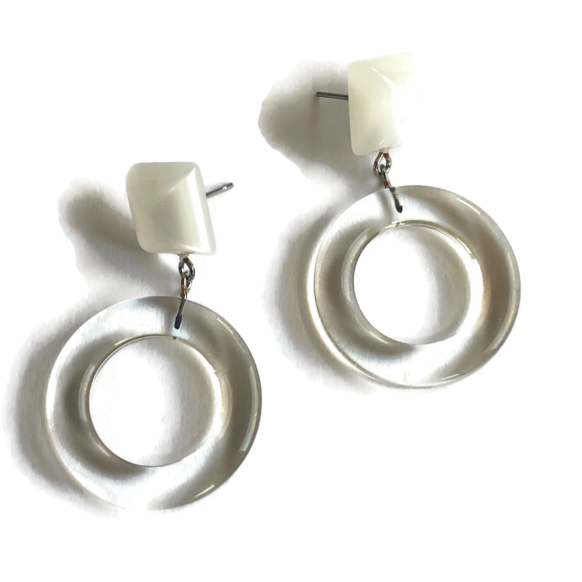 White Moonglow & Clear Donut Drop Earrings