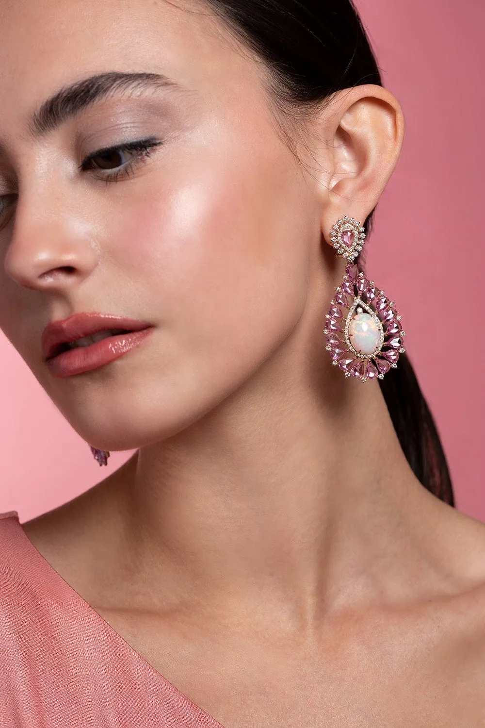 White Opal and Pink Sapphire Earrings