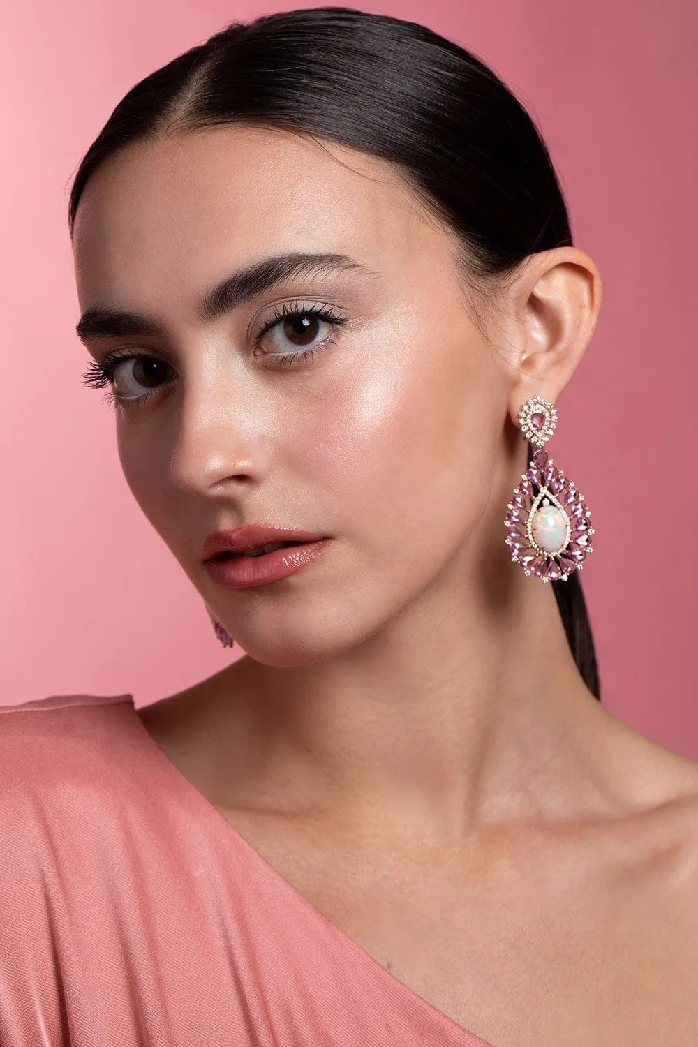 White Opal and Pink Sapphire Earrings
