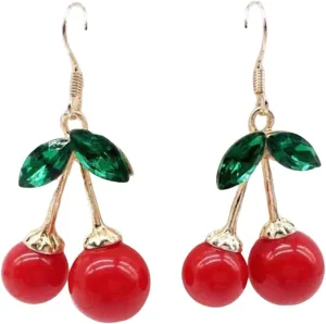 Women Cute Cherry Drop Earrings Cubic Zirconia Dangle Earrings Dainty Elegant Anniversary Earrings