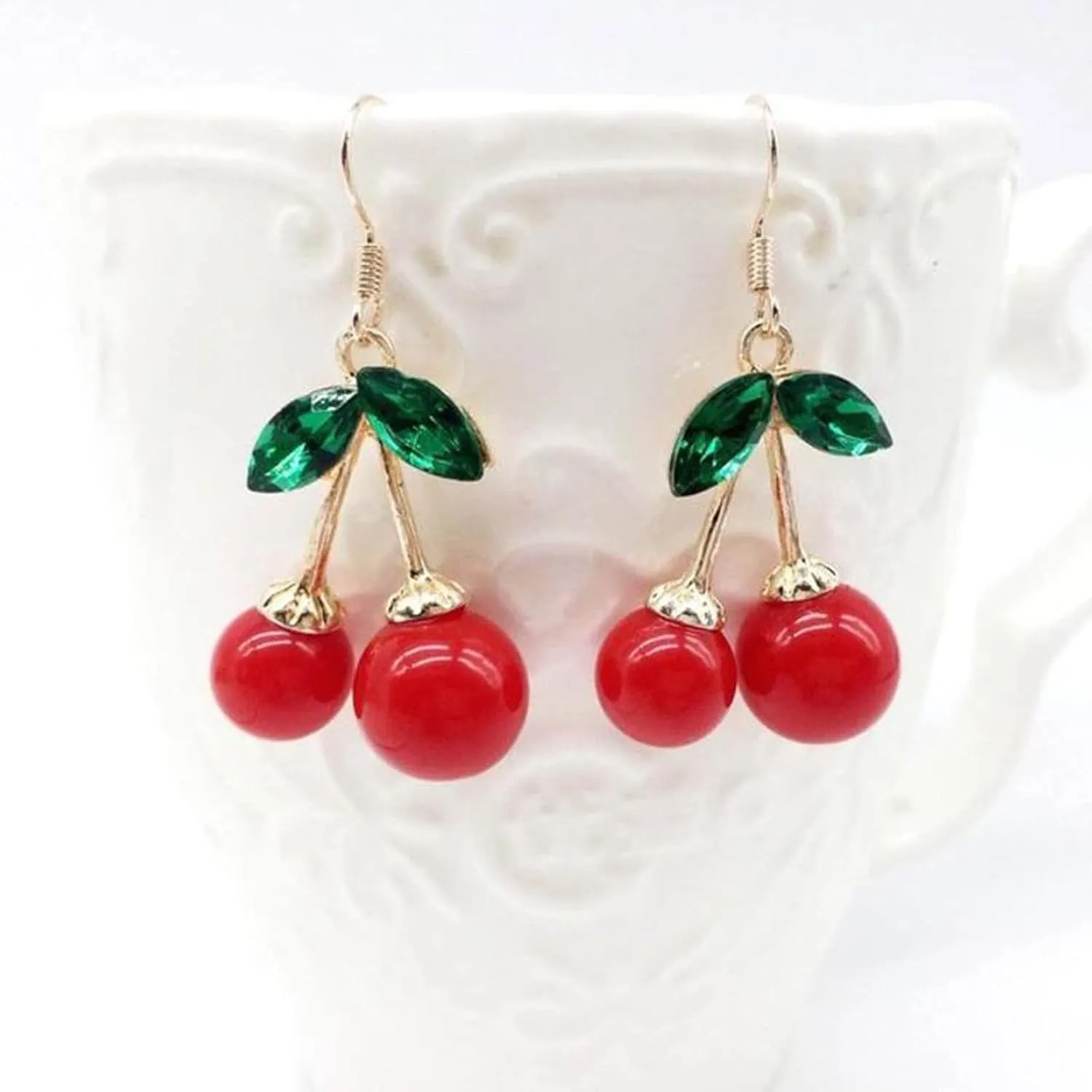 Women Cute Cherry Drop Earrings Cubic Zirconia Dangle Earrings Dainty Elegant Anniversary Earrings