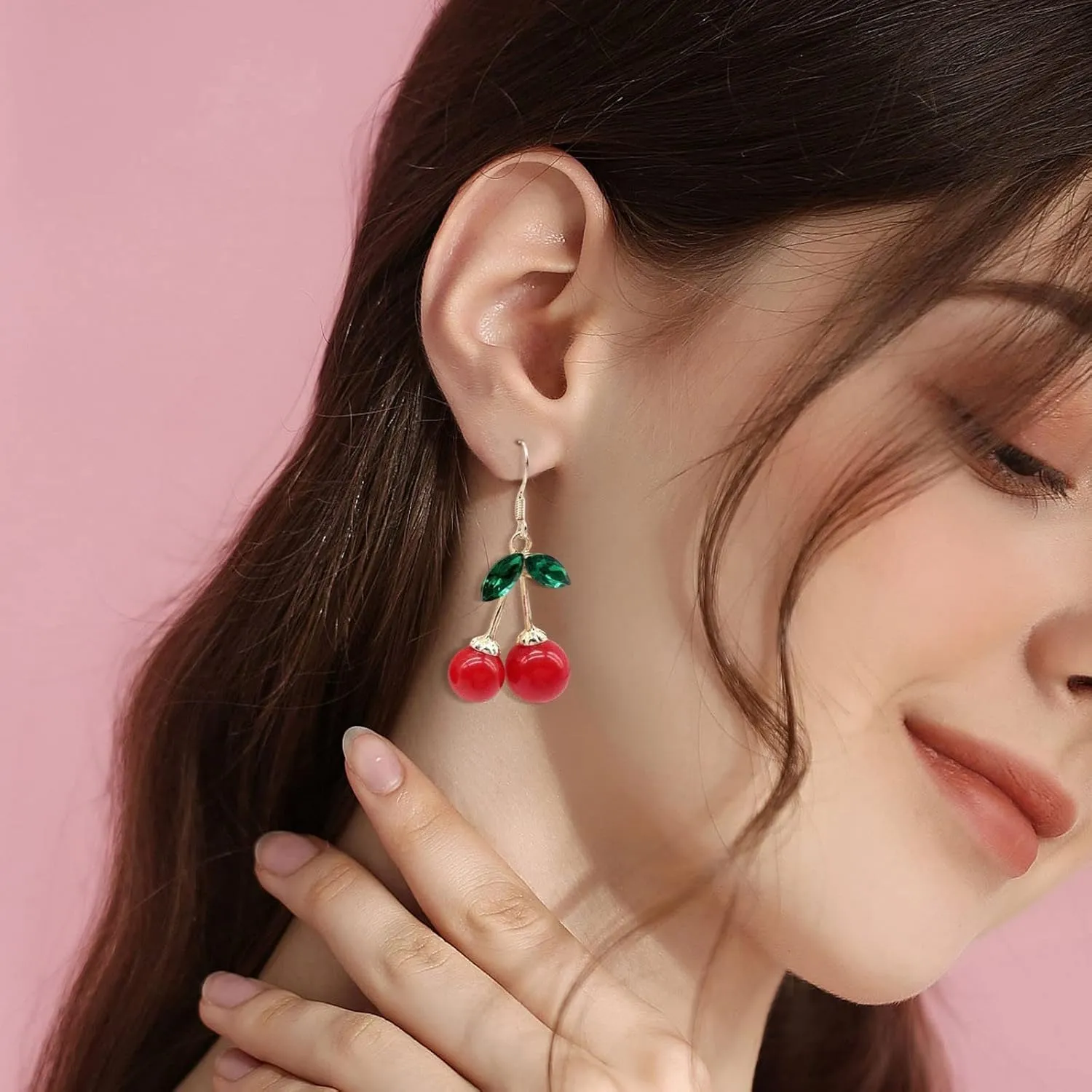 Women Cute Cherry Drop Earrings Cubic Zirconia Dangle Earrings Dainty Elegant Anniversary Earrings