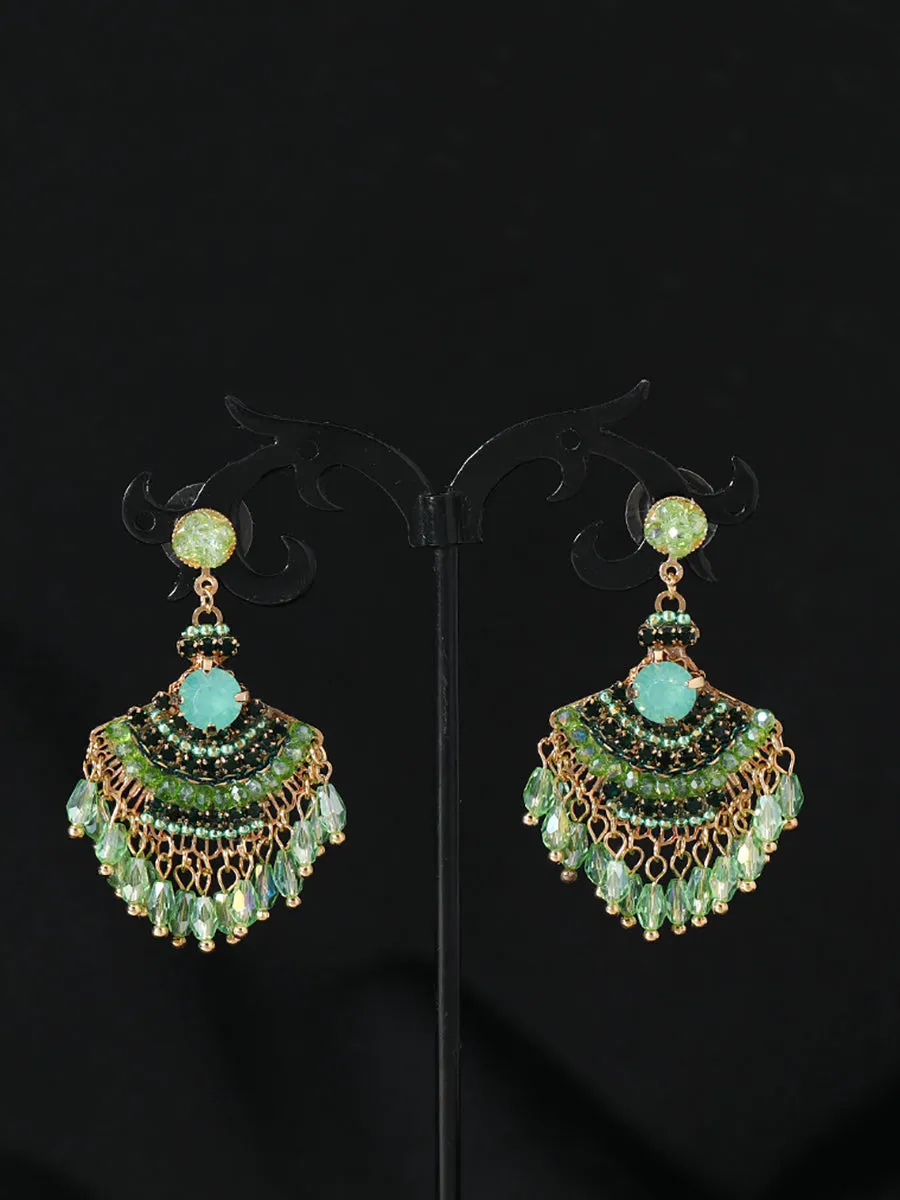 Women Vintage Crystal Tassel Fan Shape Earrings AS1028