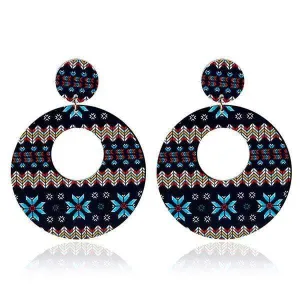 Womens Hoop Wood Earrings Large Blue Aztec Design