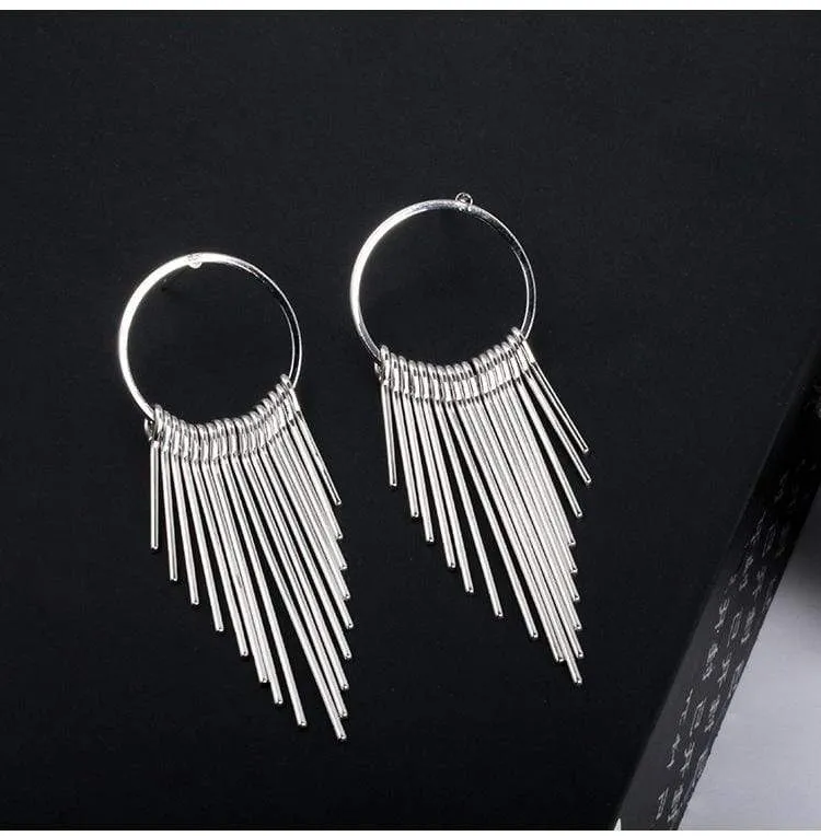 Womens Silver Tone Tassel Hoop Earrings