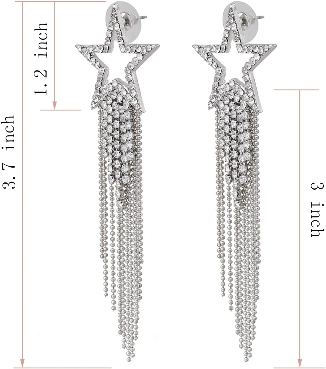 Women’s Tassel Earrings Star Ear Stud Pave Crystal Dangle Earrings Boho Waterfall Beaded Fringe Drop Earring