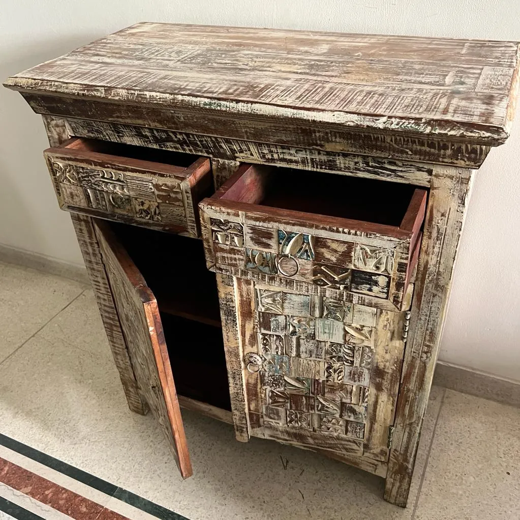 Wooden cabinet with Drawers and Panels in Distressed Finish : Shadah