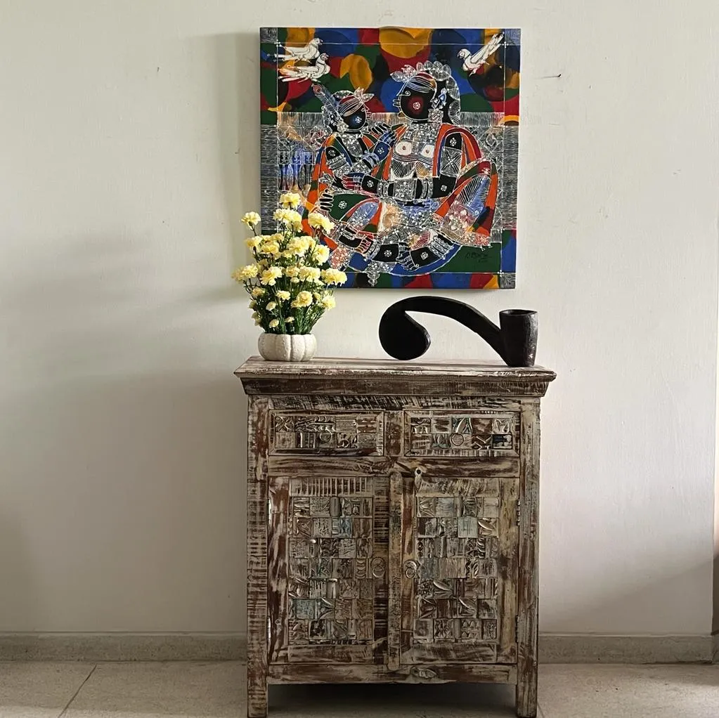 Wooden cabinet with Drawers and Panels in Distressed Finish : Shadah