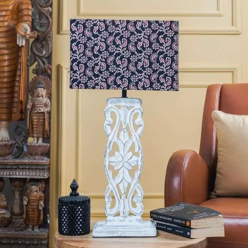 Wooden Carved Lamp With Traditional Black Shade