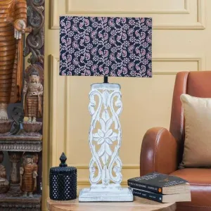Wooden Carved Lamp With Traditional Black Shade