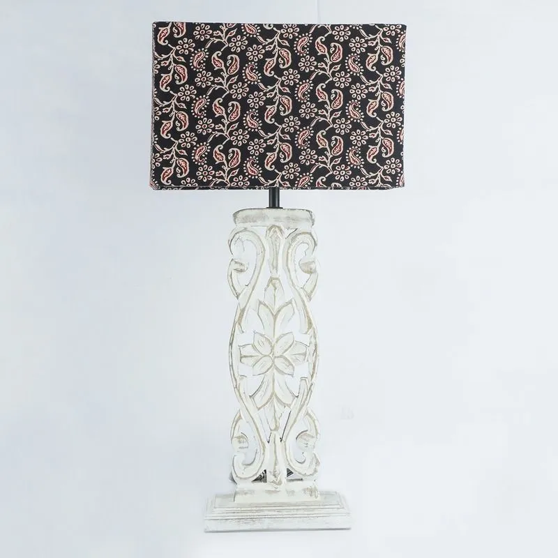 Wooden Carved Lamp With Traditional Black Shade