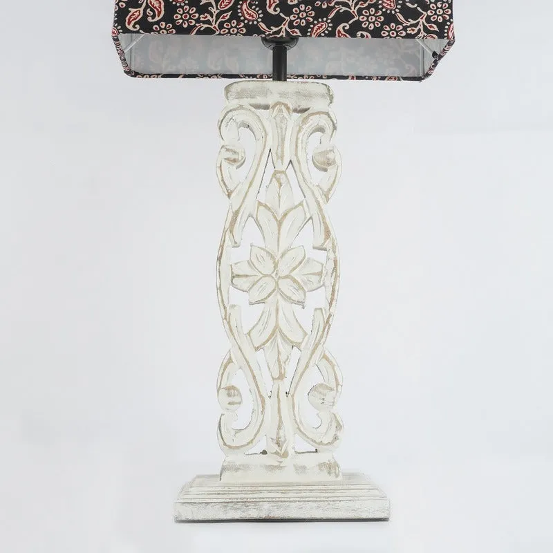 Wooden Carved Lamp With Traditional Black Shade